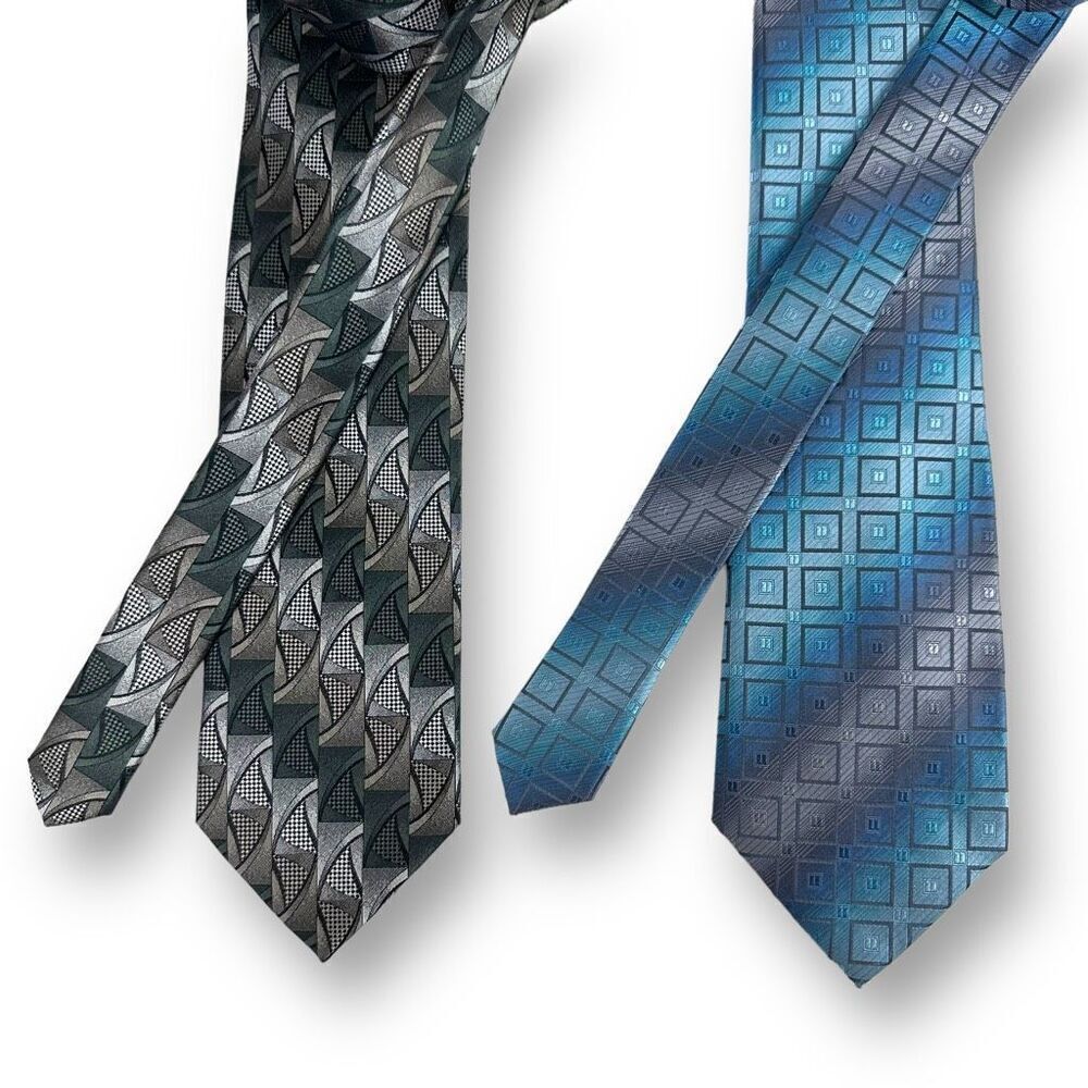 Croft & Barrow Men's 100% Silk Necktie 2Pc Bundle Gray Blue Geometric Patterns